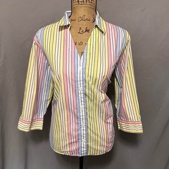 Crazy Horse Tops - Crazy Horse Cotton Striped Button Down 3/4 Sleeve Pastel Top Size 18